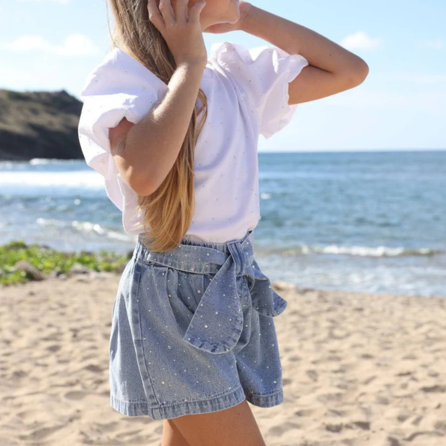 SPARKLE BOW DENIM SHORT