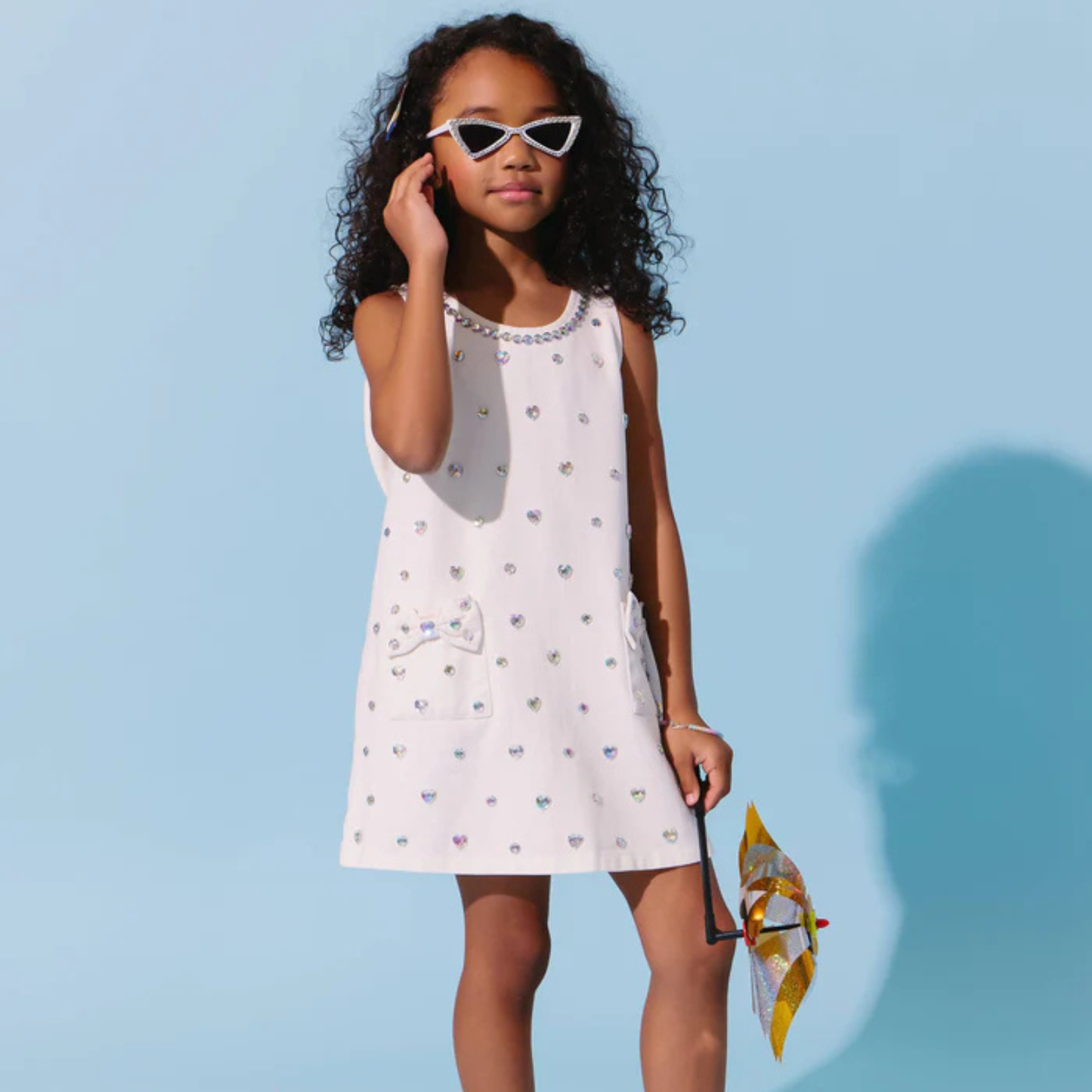 WHITE CRYSTAL HEARTS DENIM BOW DRESS