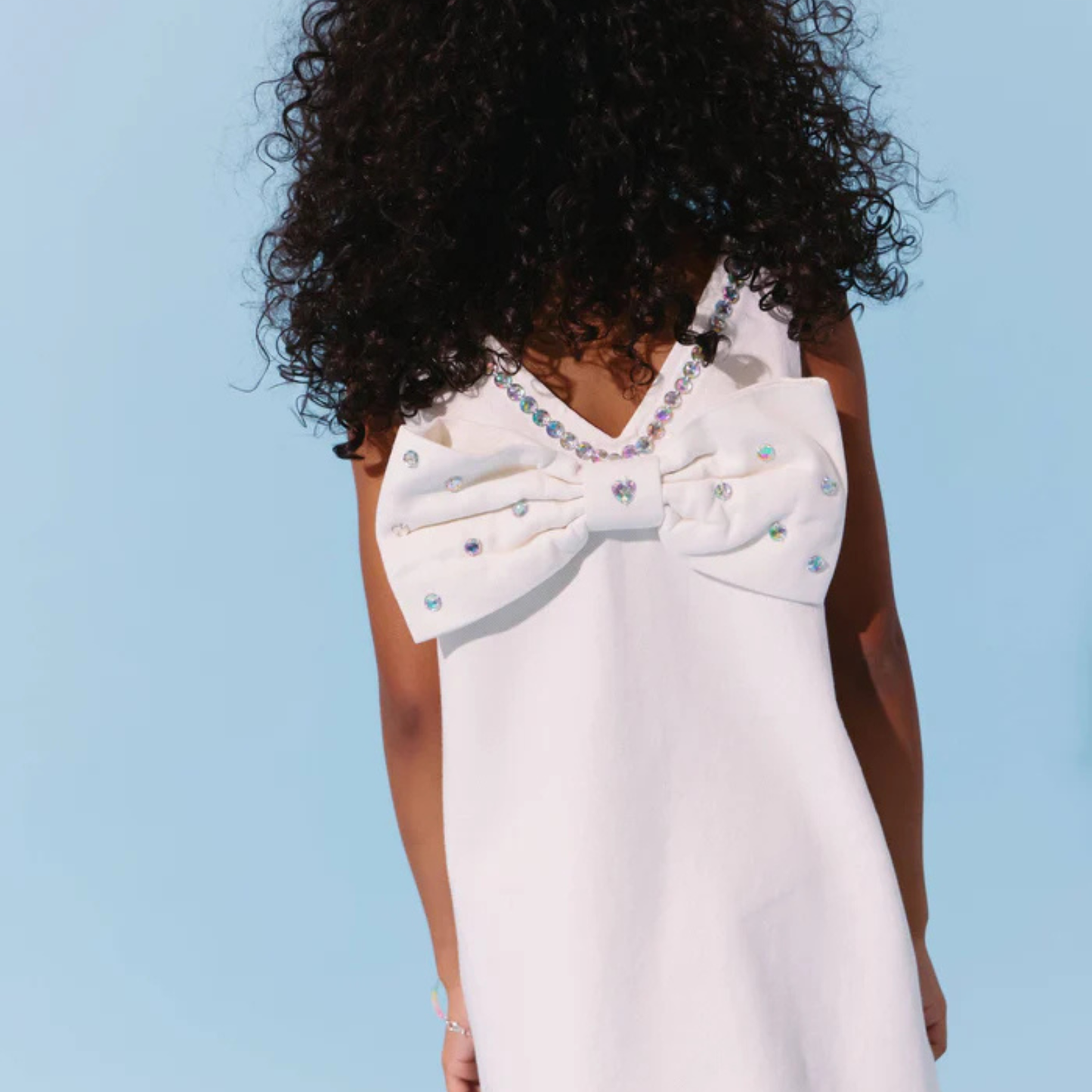 WHITE CRYSTAL HEARTS DENIM BOW DRESS