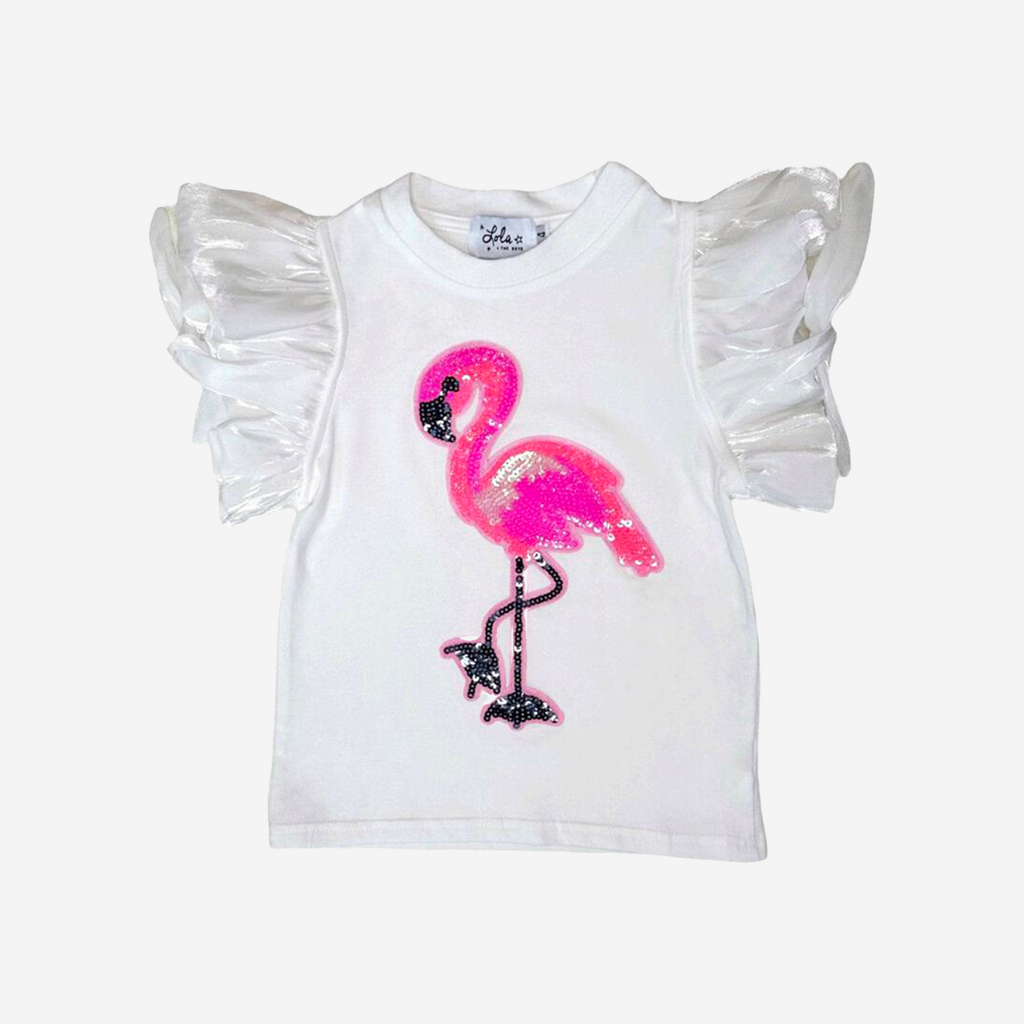 BEADED RUFFLE FLAMINGO TSHIRT