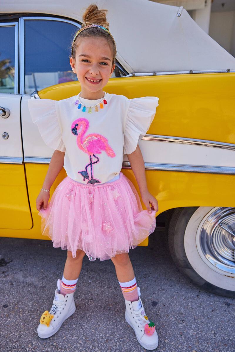 BEADED RUFFLE FLAMINGO TSHIRT