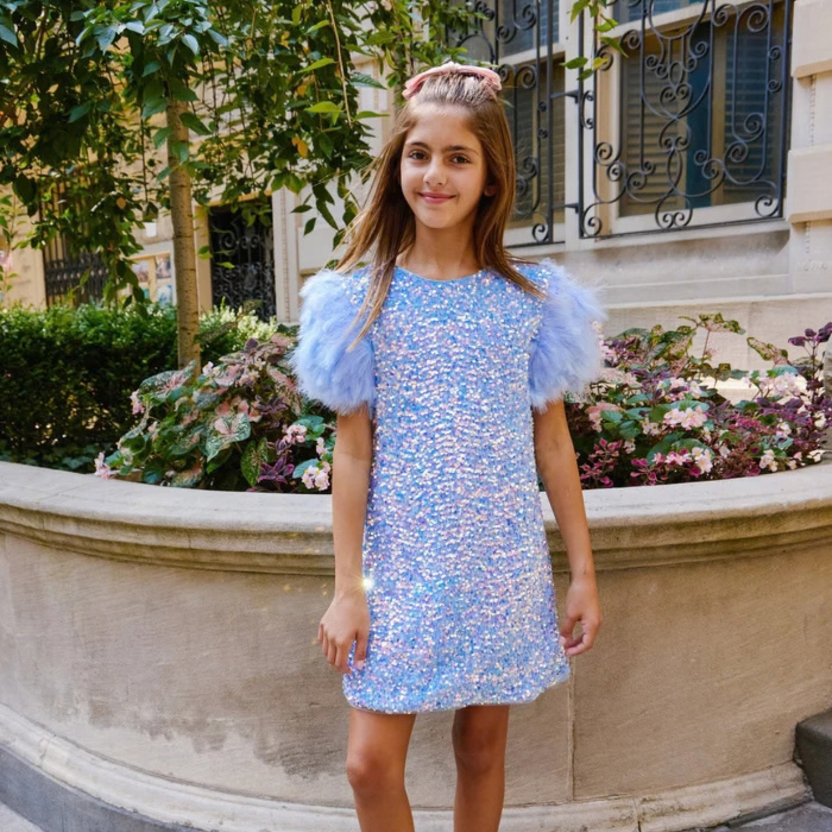 BLUE FEATHER PARTY DRESS