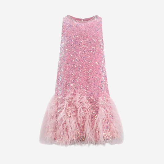 SEQUIN FEATHER PRETTY PINK DRESS