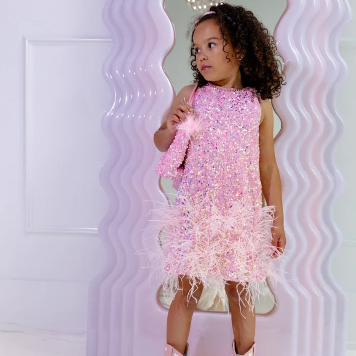 SEQUIN FEATHER PRETTY PINK DRESS