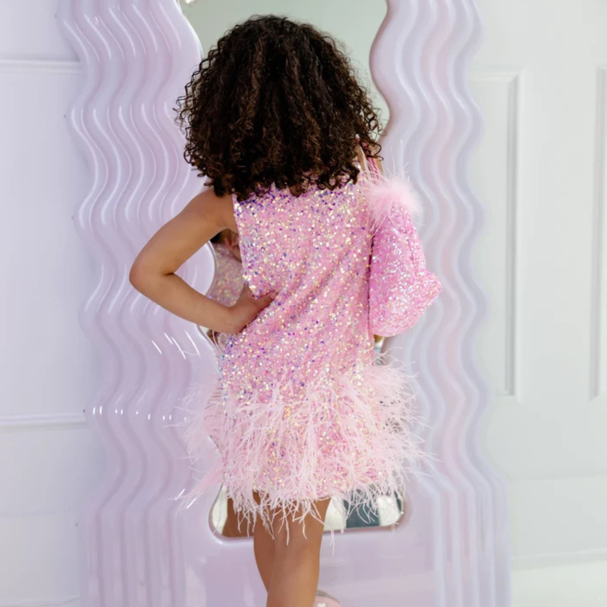 SEQUIN FEATHER PRETTY PINK DRESS
