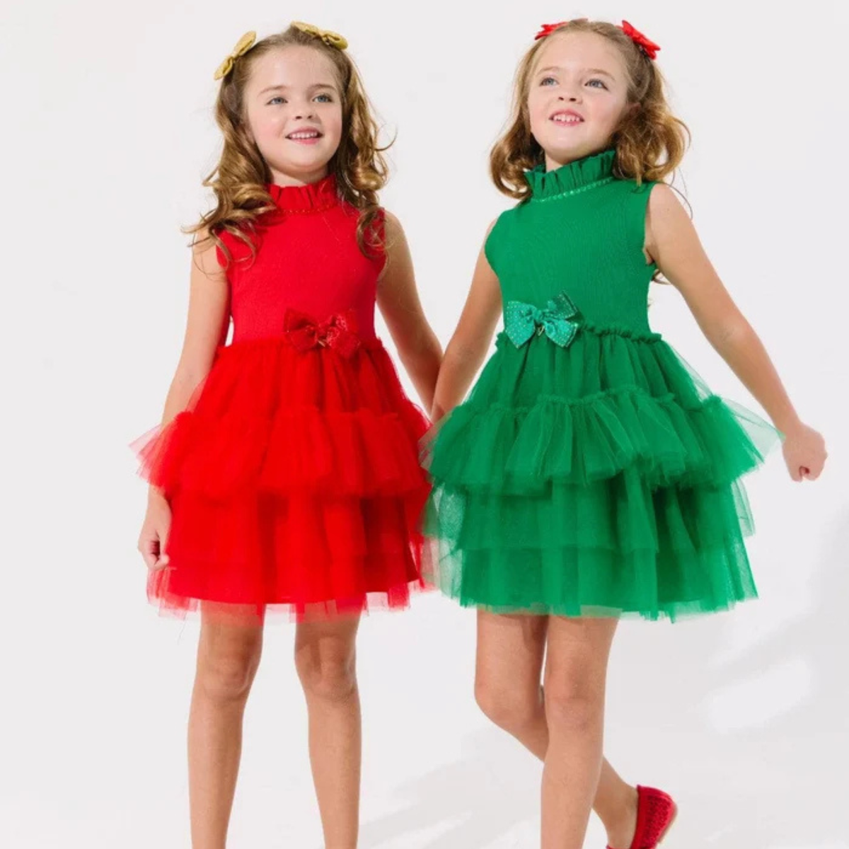 TIERED PARTY BOW DRESS GREEN