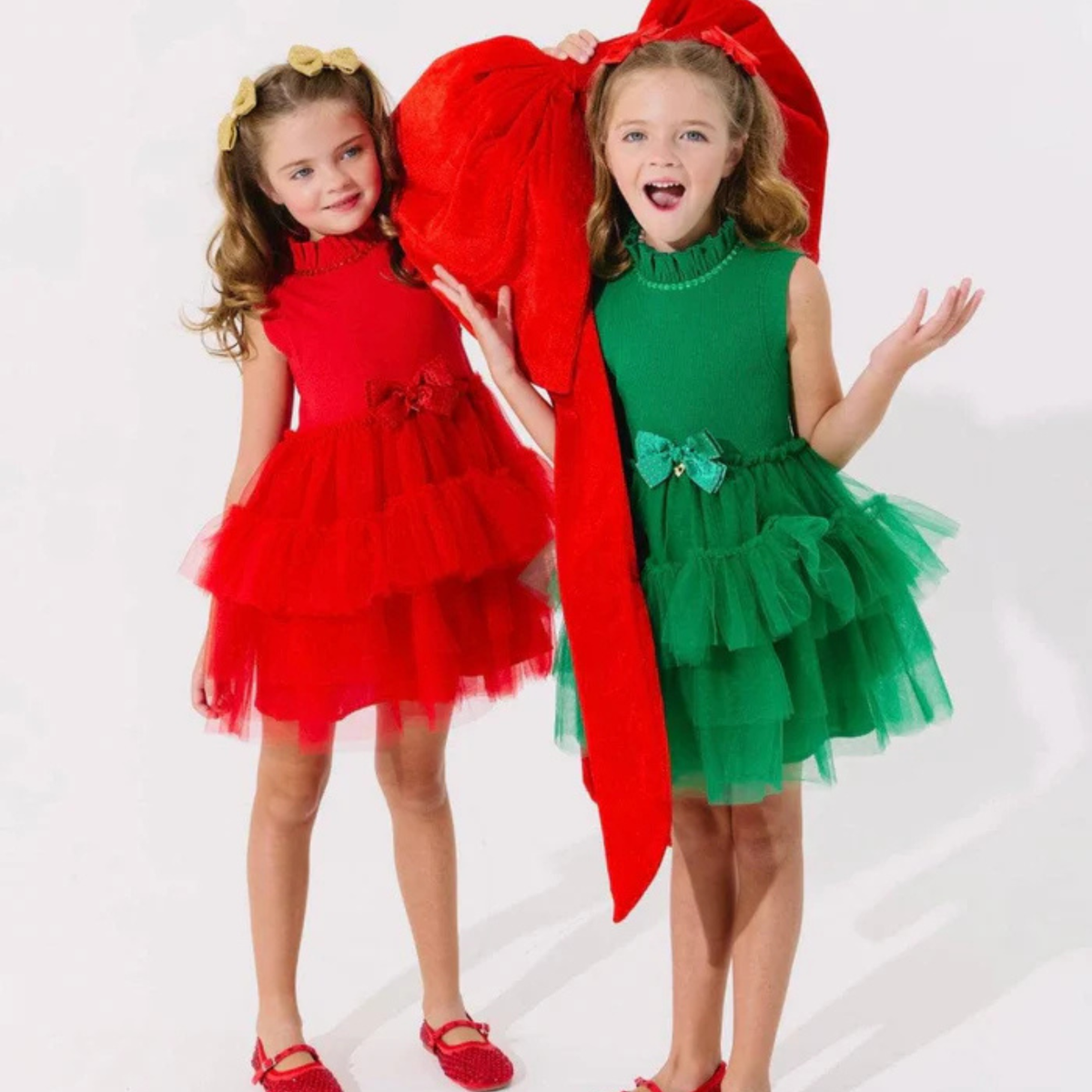 TIERED PARTY BOW DRESS GREEN