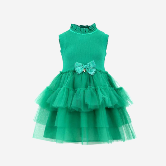 TIERED PARTY BOW DRESS GREEN